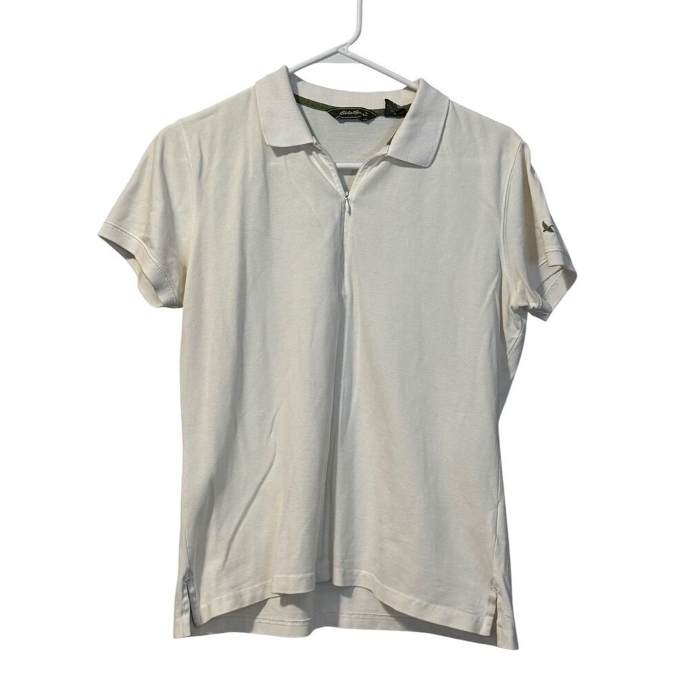 Eddie Bauer Shirt Women’s Large White Polo Short Sleeve Pima Cotton Preppy Golf